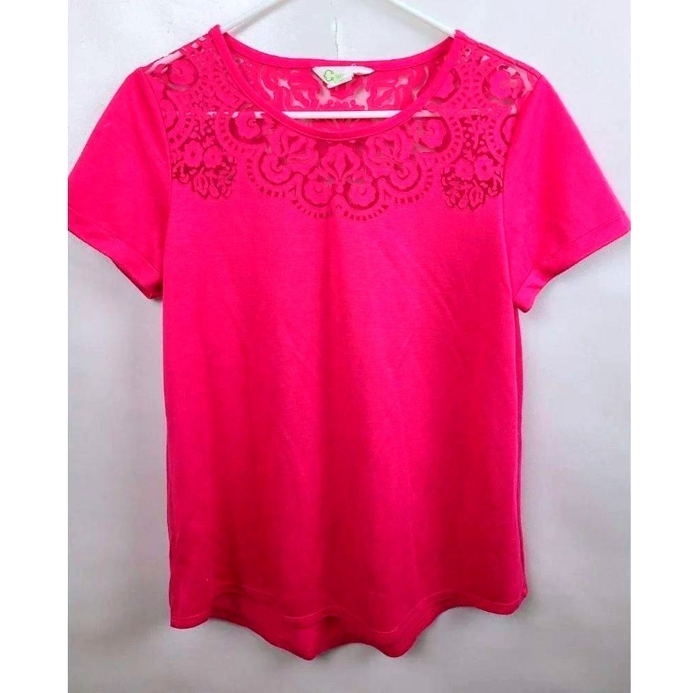 C Wonder Crochet Lace Yoke Top Womens Medium Pink Short Sleeve T-Shirt